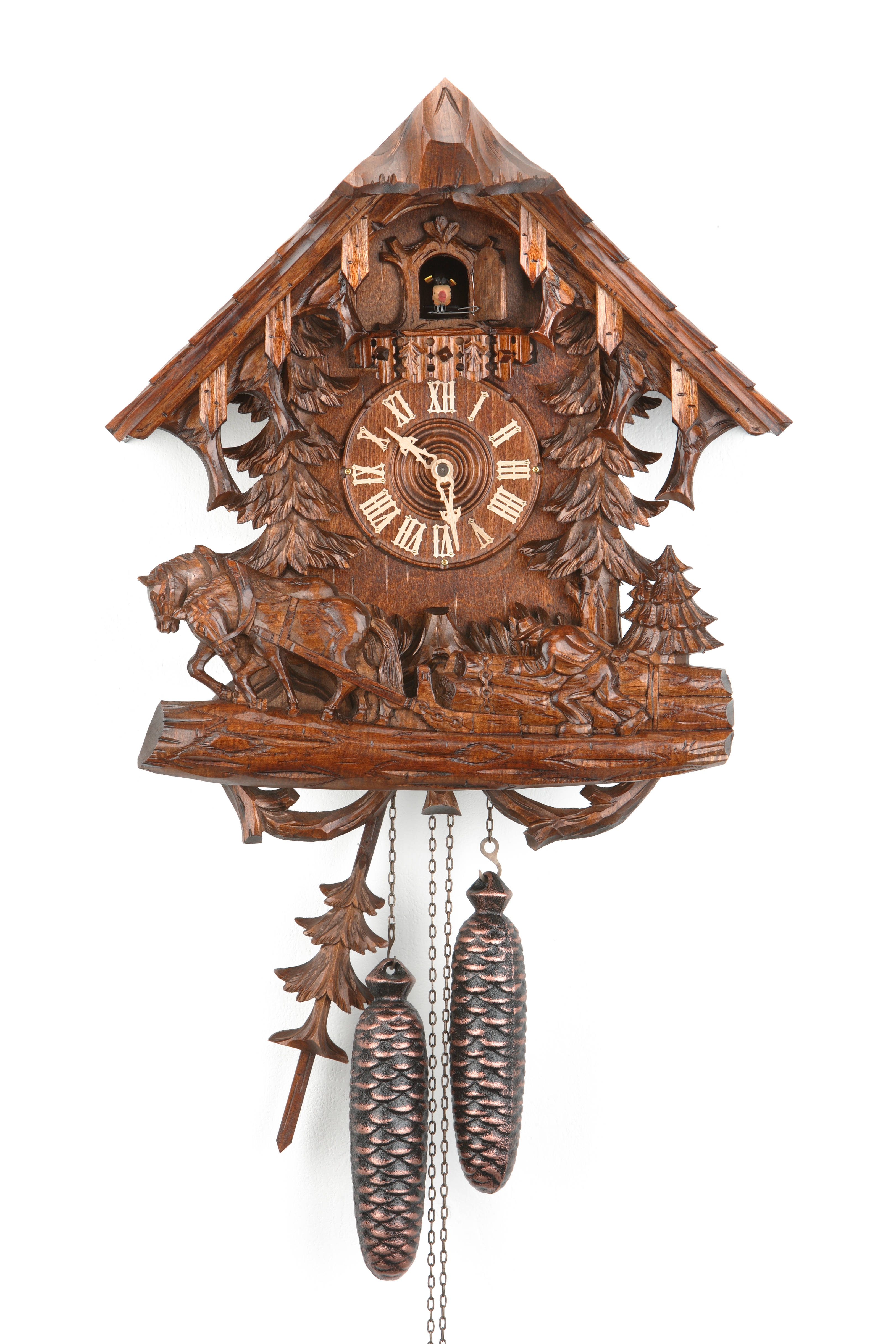 8 Days Cuckoo Clock Black Forest House with farmer and working horses
